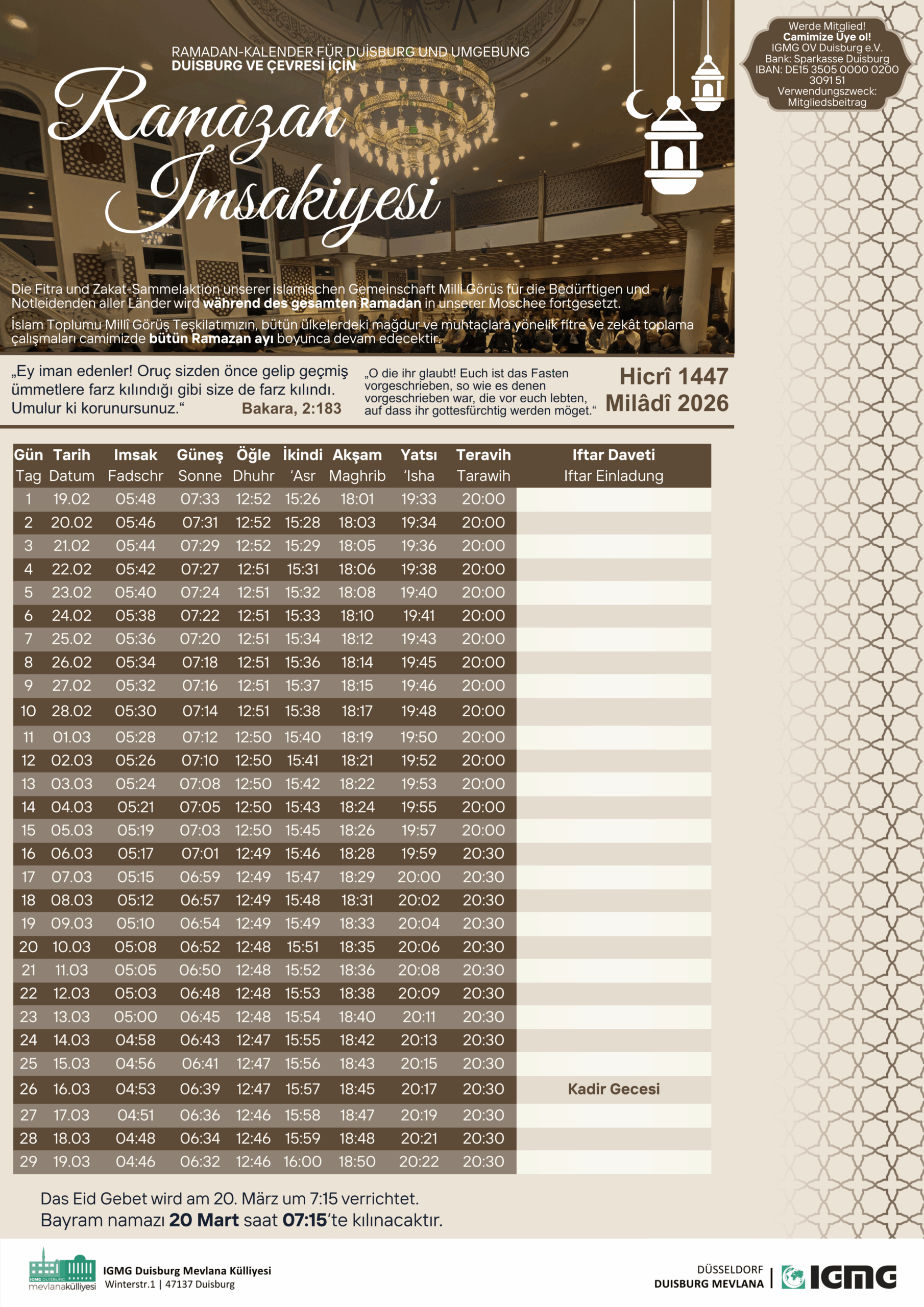 Duisburg Ramazan Imsakiyesi 2026